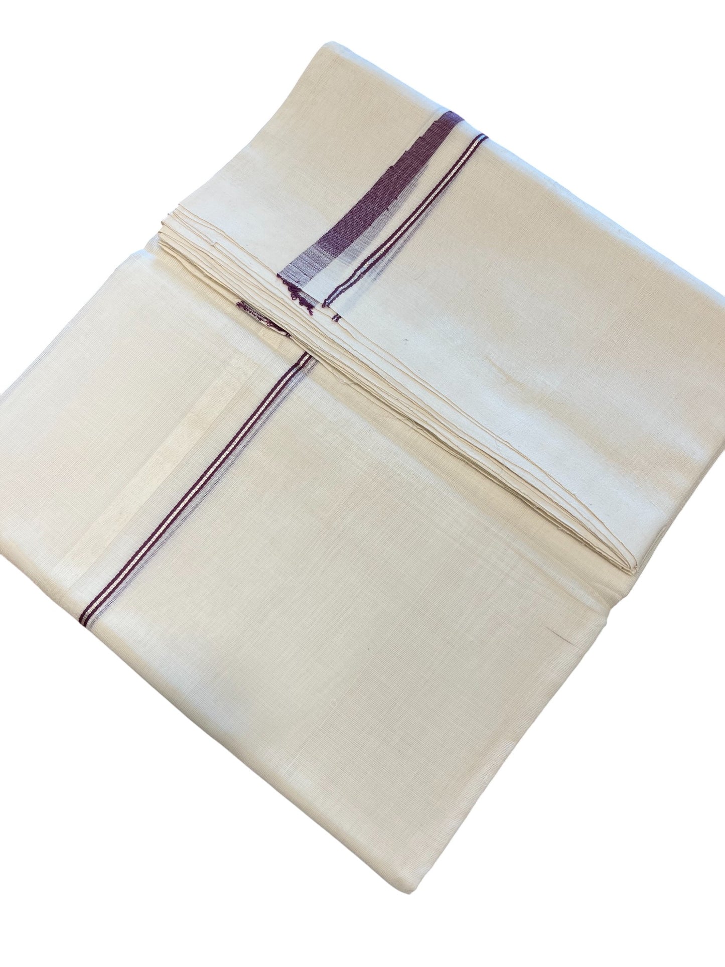 Southloom Premium Handloom Cotton Double Mundu with Silver and Purple Chutti Kara Border
