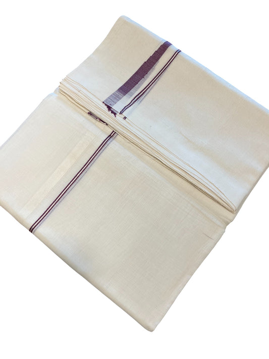 Southloom Premium Handloom Cotton Double Mundu with Silver and Purple Chutti Kara Border