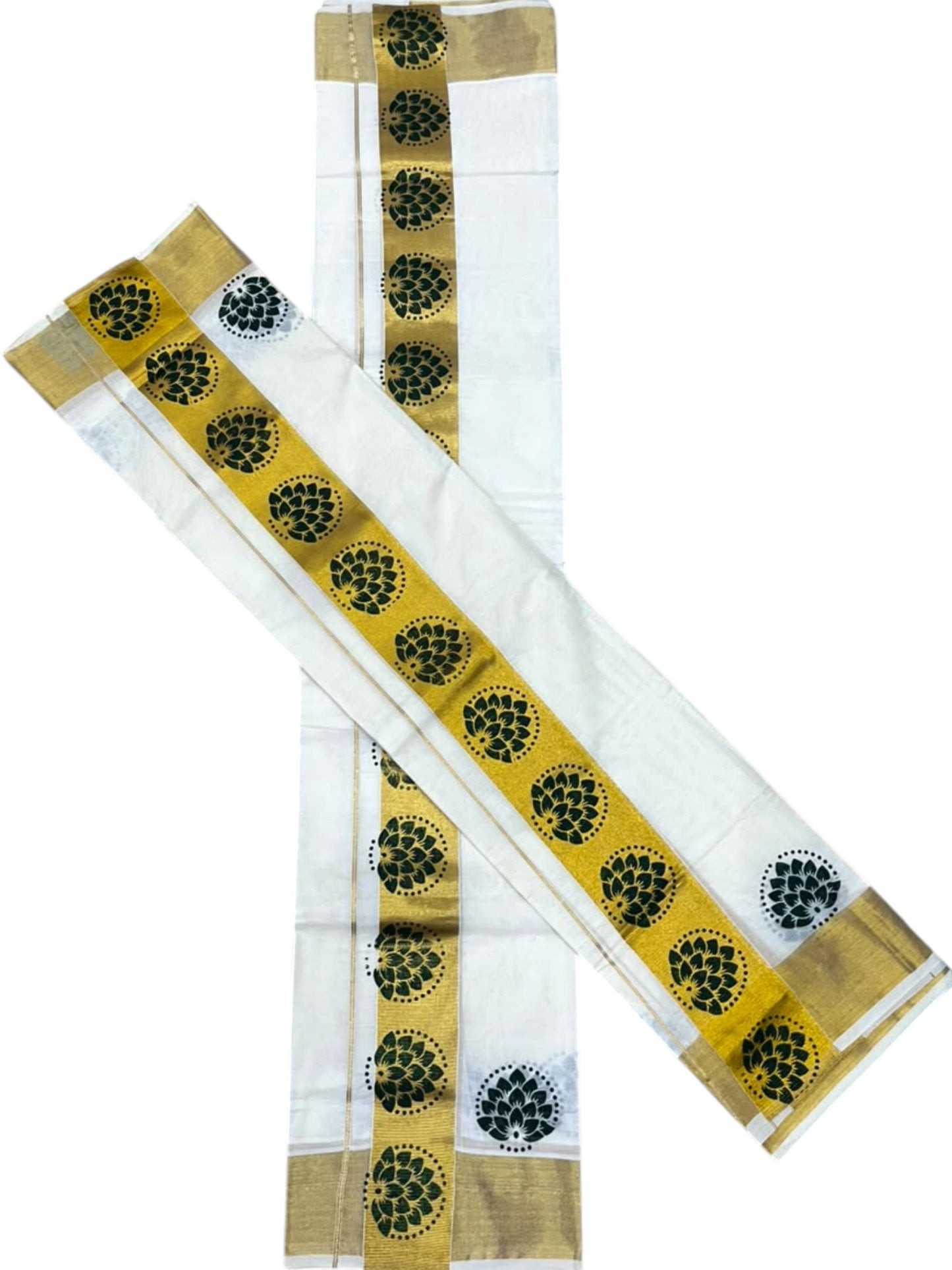 Southloom Pure Cotton Set Mundu with Gold Kasavu and Green Floral Digital Print in 2.80 Mtrs SL383