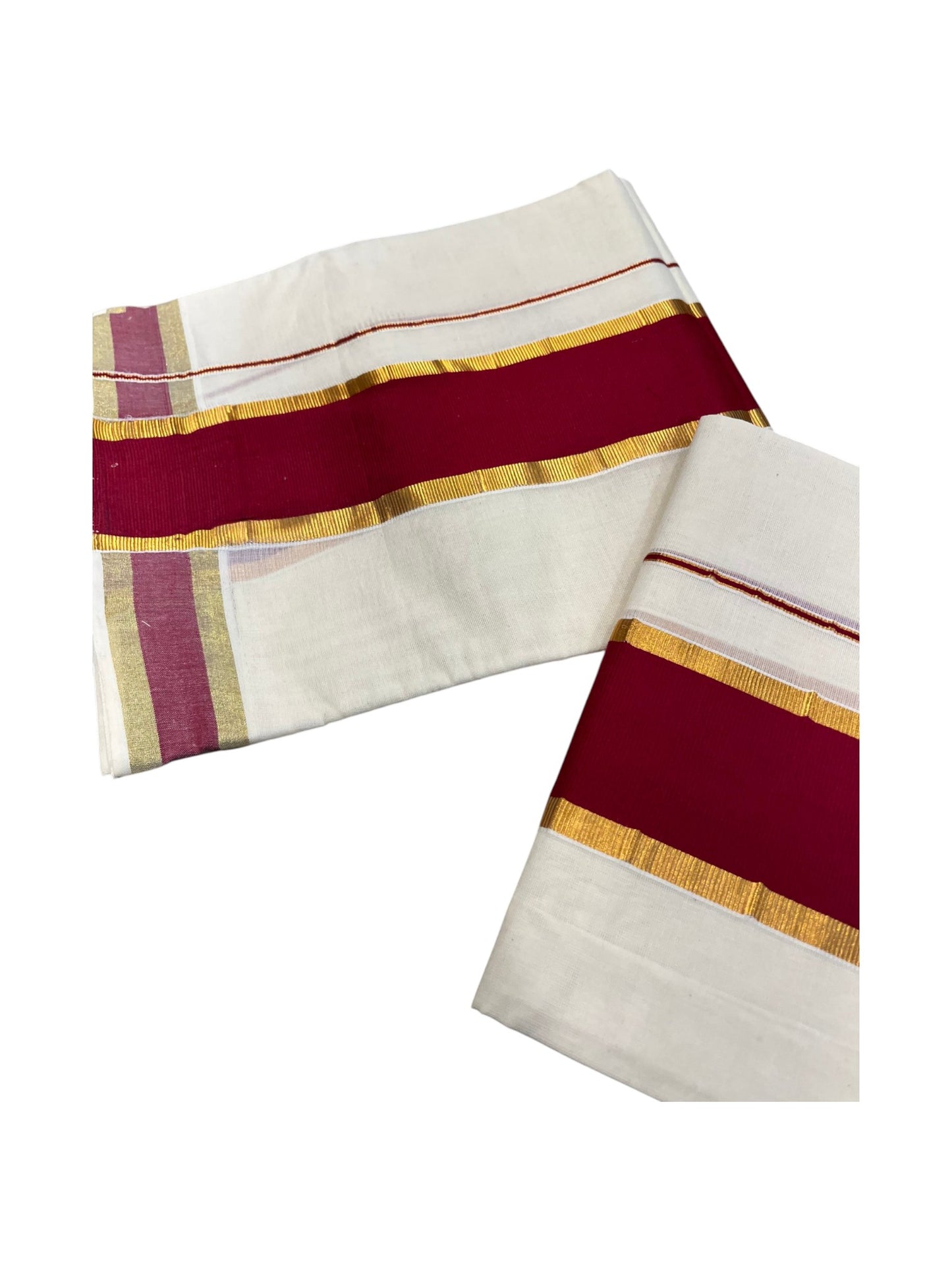 Southloom Kerala Cotton Single Set Mundu (Mundum Neriyathum) with Kasavu and Maroon Border