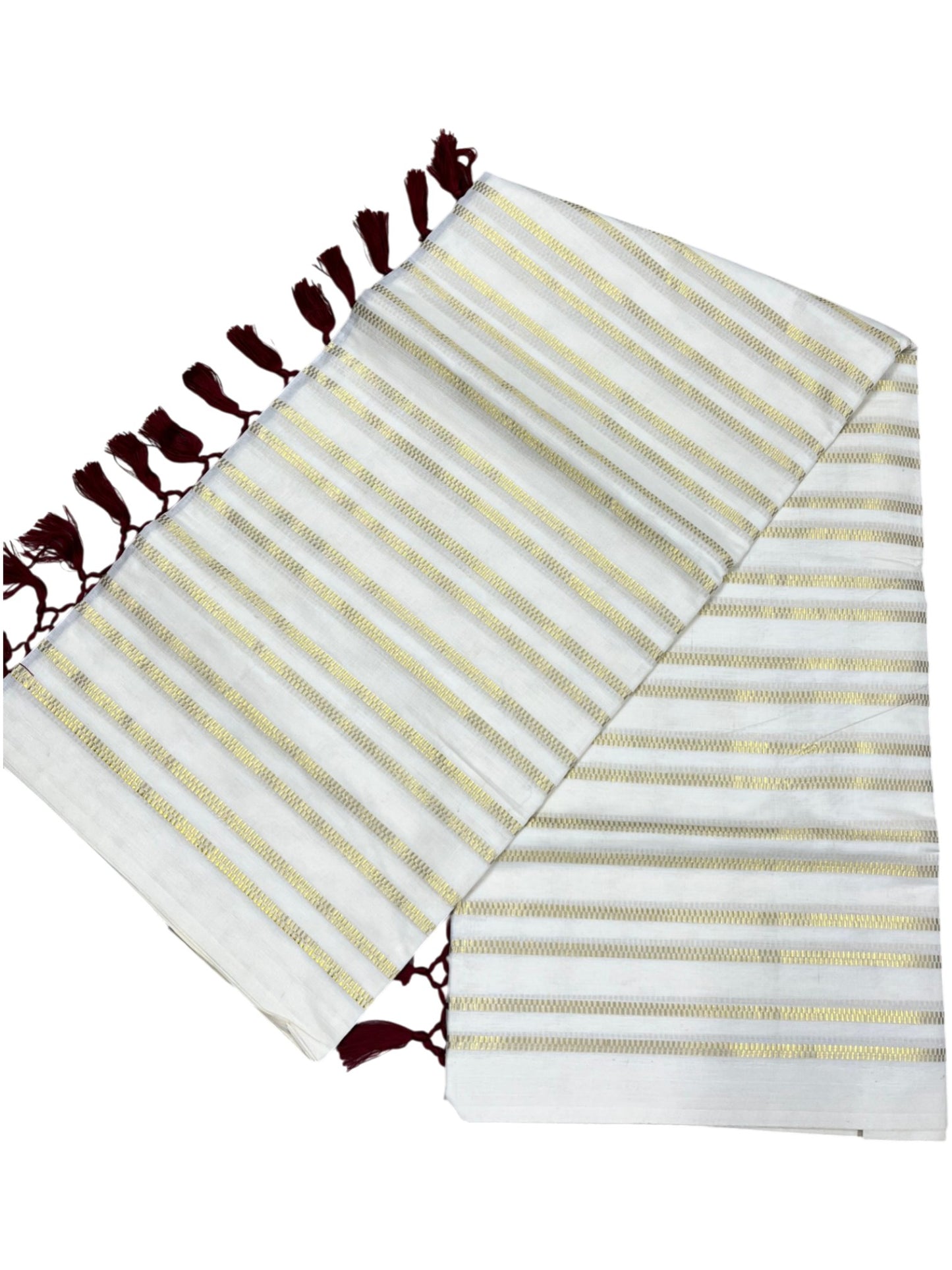 Southloom Cotton Kerala Kasavu Saree with Stripes on Body and Maroon Tussels
