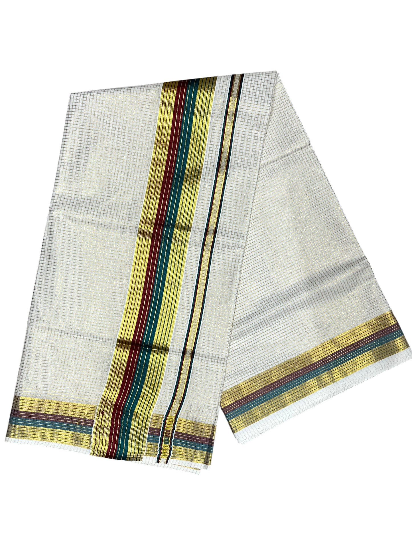 Southloom Kerala Cotton Kasavu Saree with Micro Check Design on Body in Maroon & Green Border