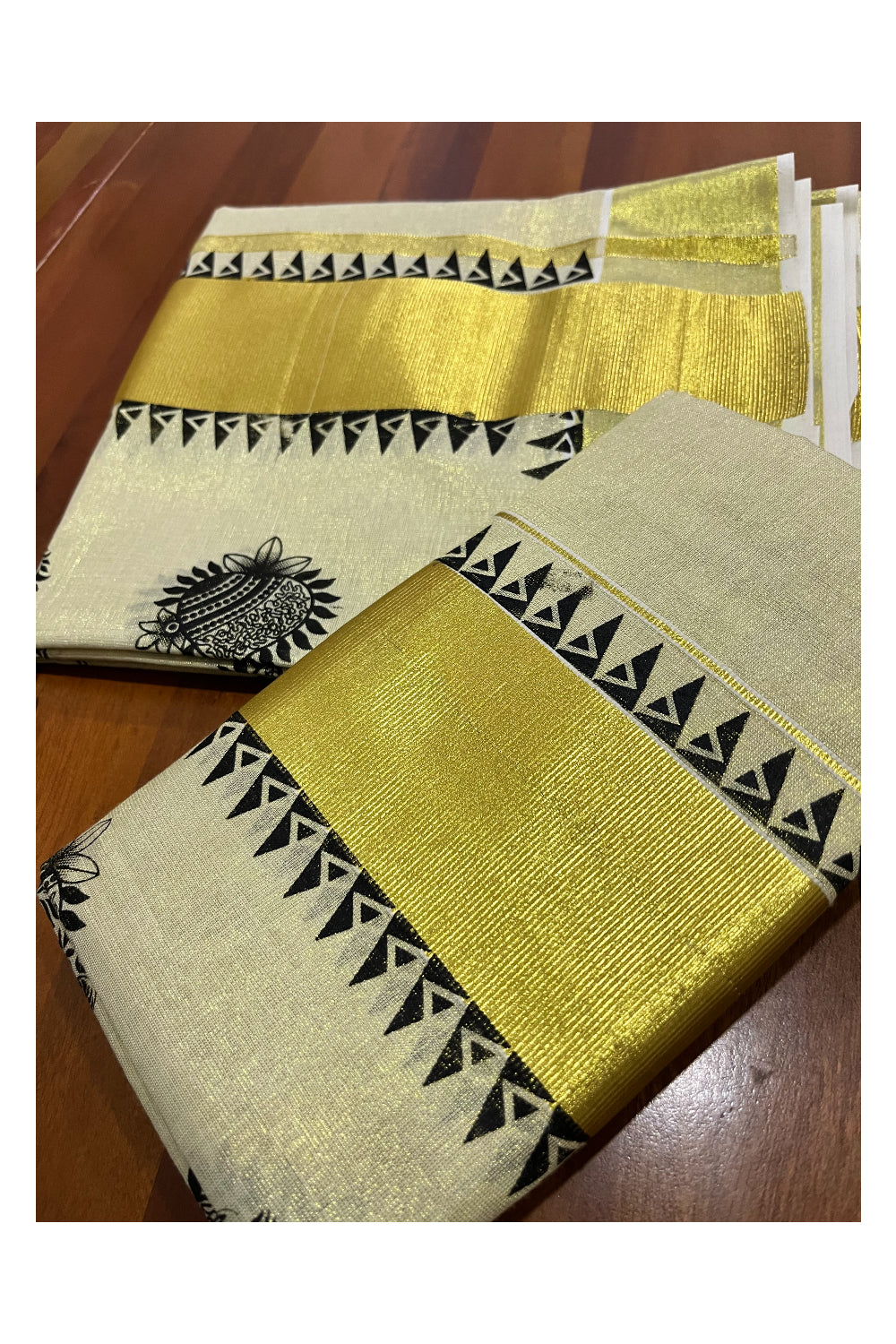 Kerala Tissue Single Set Mundu (Mundum Neriyathum) with Black Block Prints and Temple Border 2.80 Mtrs