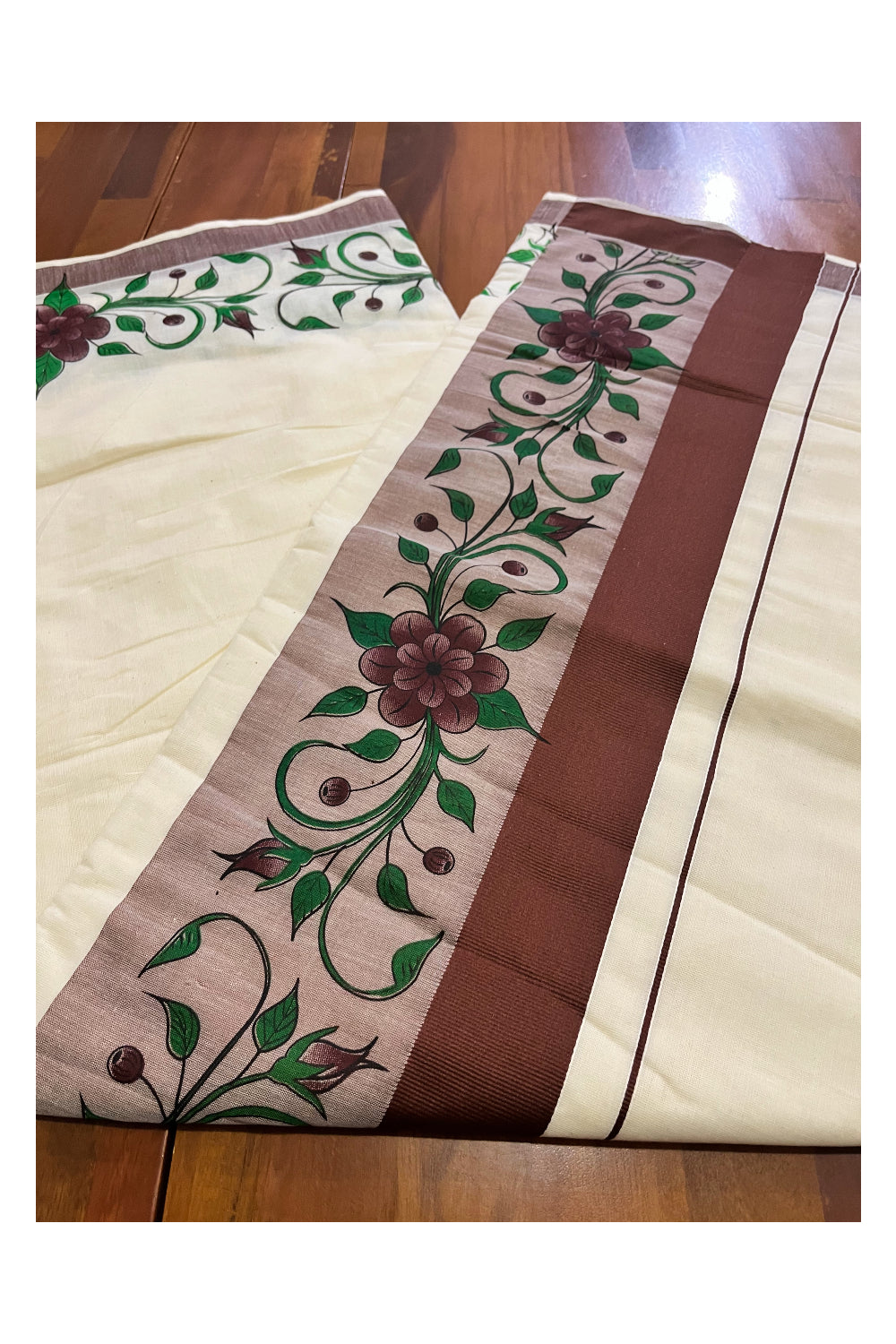 Pure Cotton Kerala Saree with Floral Block Printed Brown Border