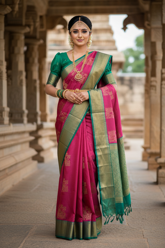 Southloom Pure Handloom Kanchipuram Silk Saree with Butta Work (Magenta & Green)