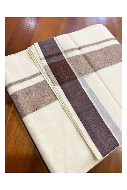 Off White Kerala Cotton Double Mundu with Kasavu and Brown Border (South Indian Kerala Dhoti)