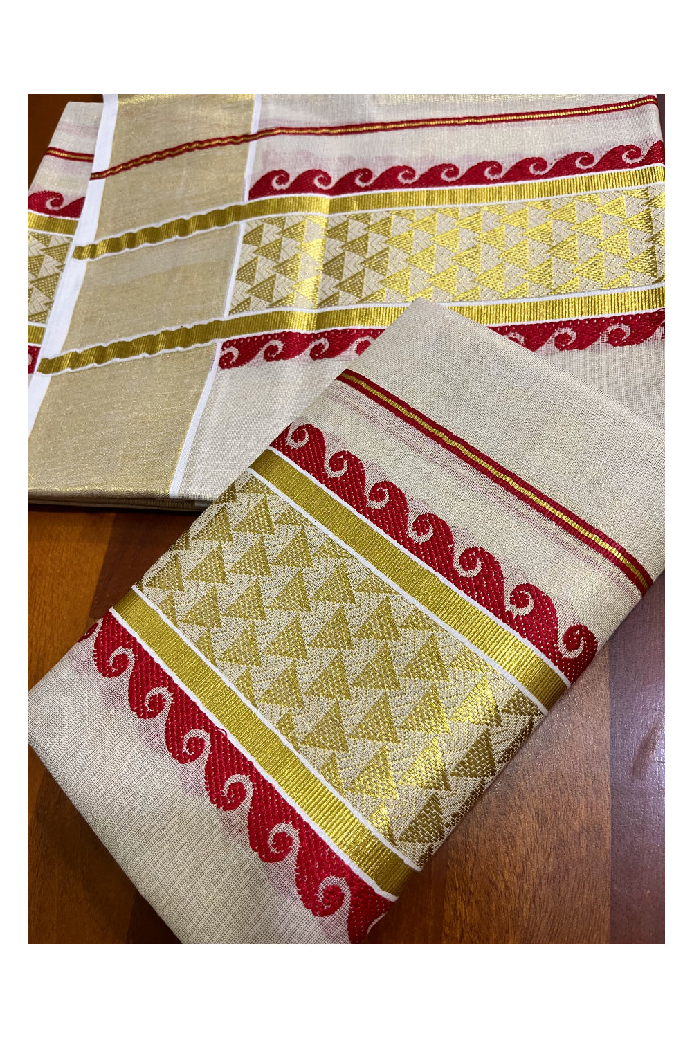 Kerala Tissue Single Set Mundu (Mundum Neriyathum) with Red and Kasavu Woven Border 2.80 Mtrs (Onam 2024 Collection)