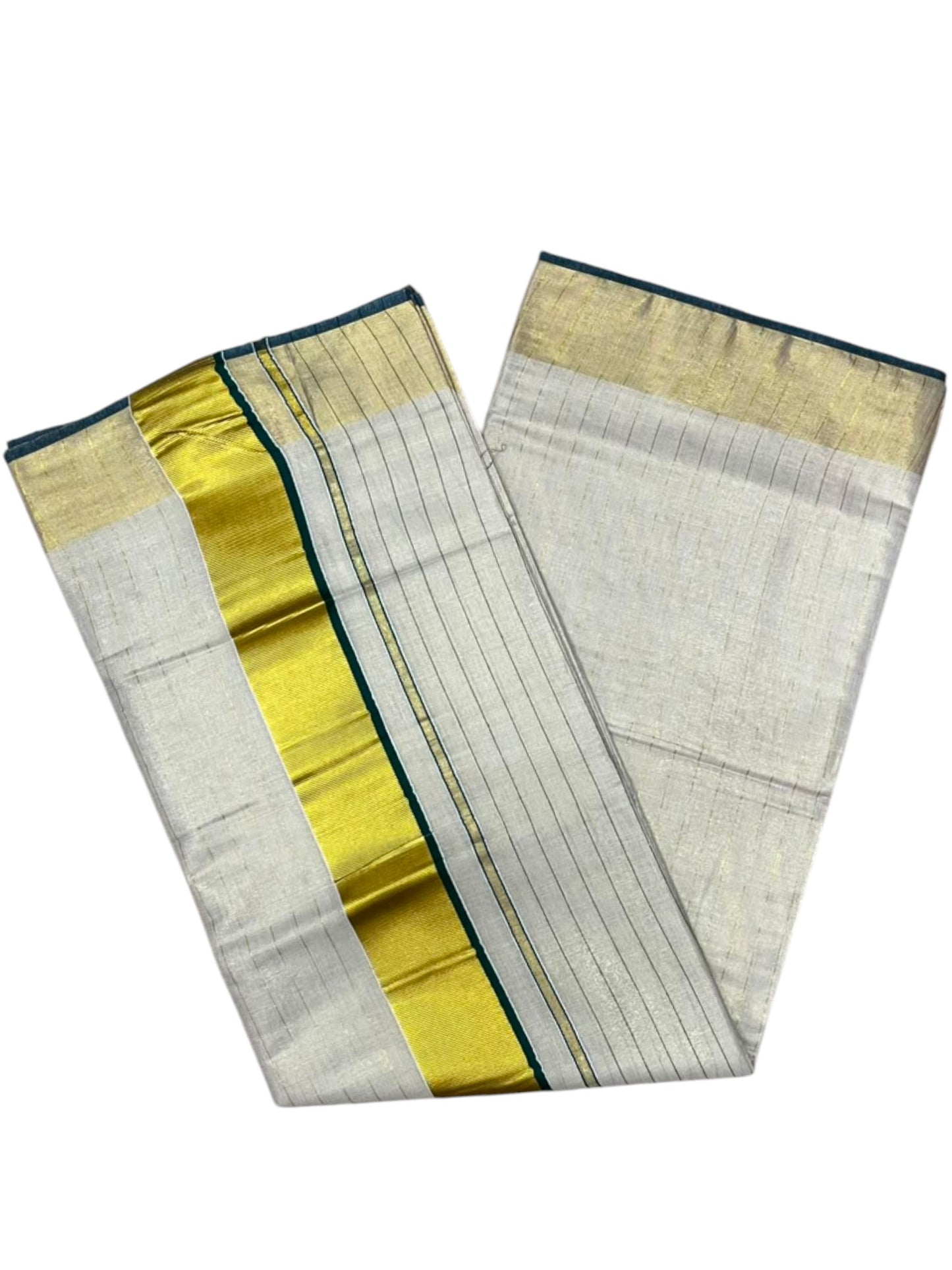 Southloom Kerala Tissue Kasavu Saree with Stripes on Body In Green Border