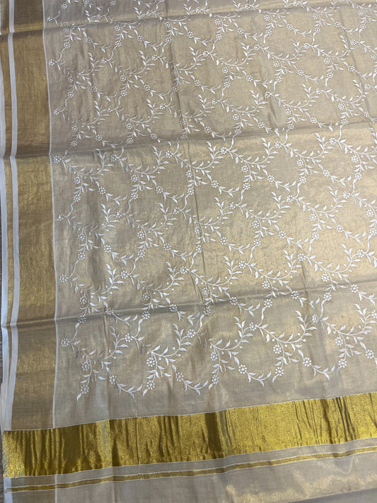 Southloom Kerala Tissue Kasavu Saree with Floral Flower Embroidery Works