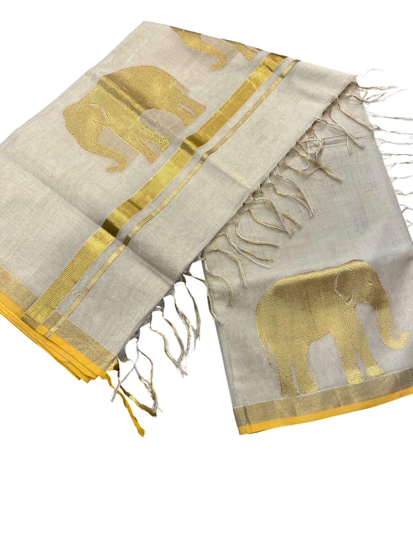Southloom Super Premium Balaramapuram Unakkupaavu Handloom Tissue Saree with Elephant Woven Design on Body and Border