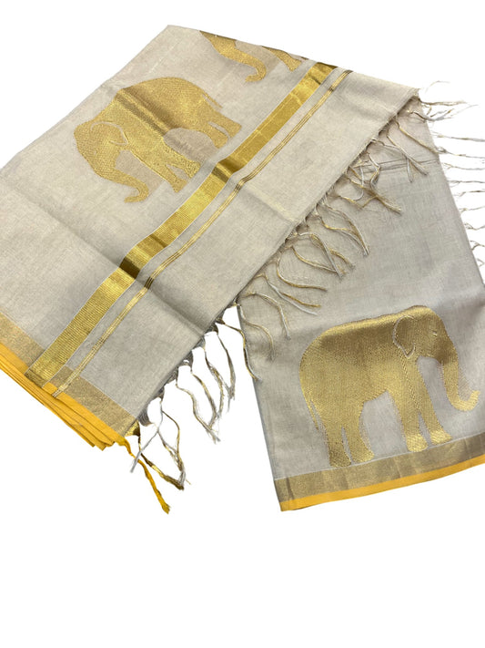 Southloom Super Premium Balaramapuram Unakkupaavu Handloom Tissue Saree with Elephant Woven Design on Body and Border