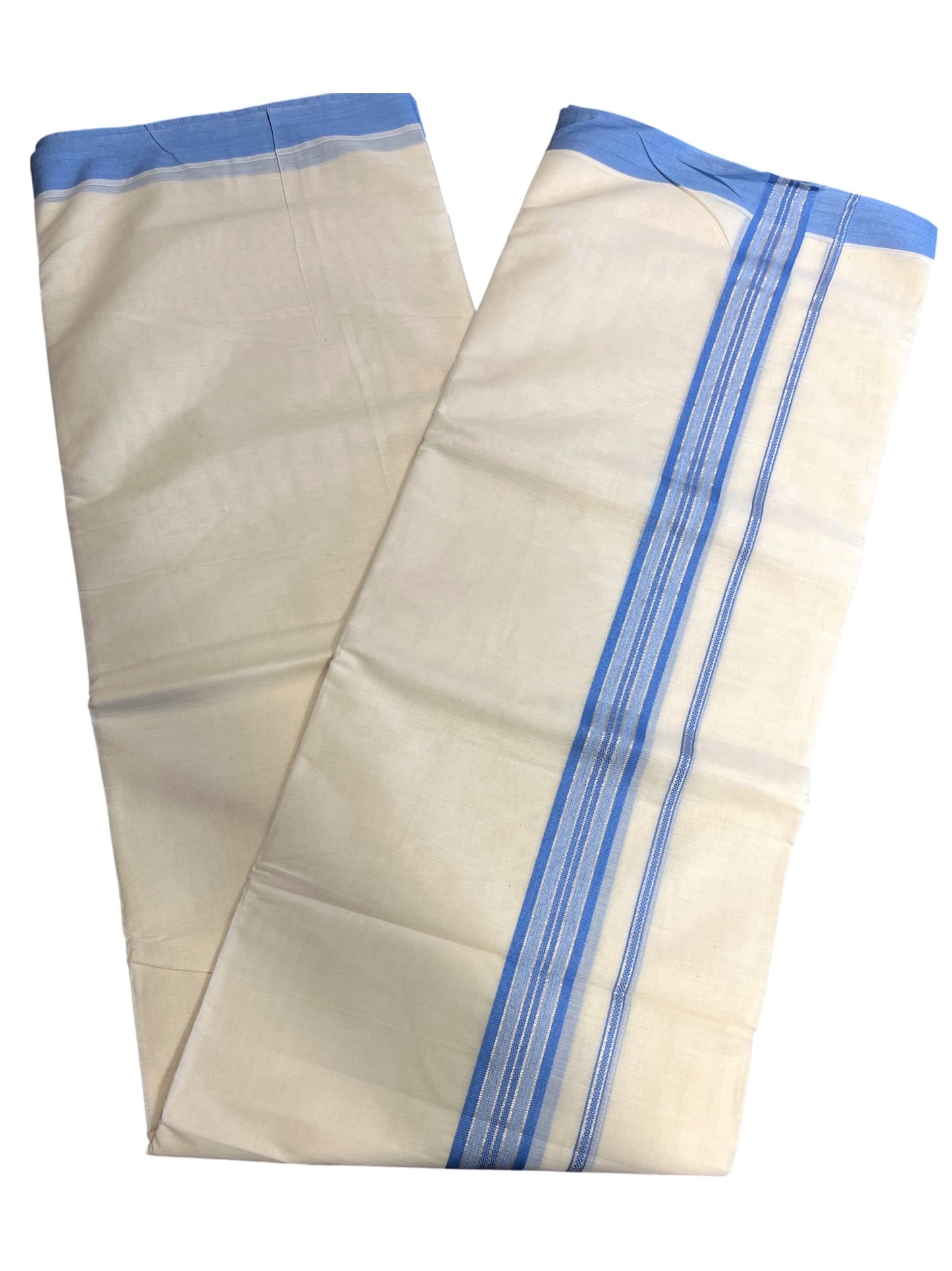 Southloom Kerala Pure Cotton Double Mundu with Silver Lines & Blue Border (South Indian Dhoti)