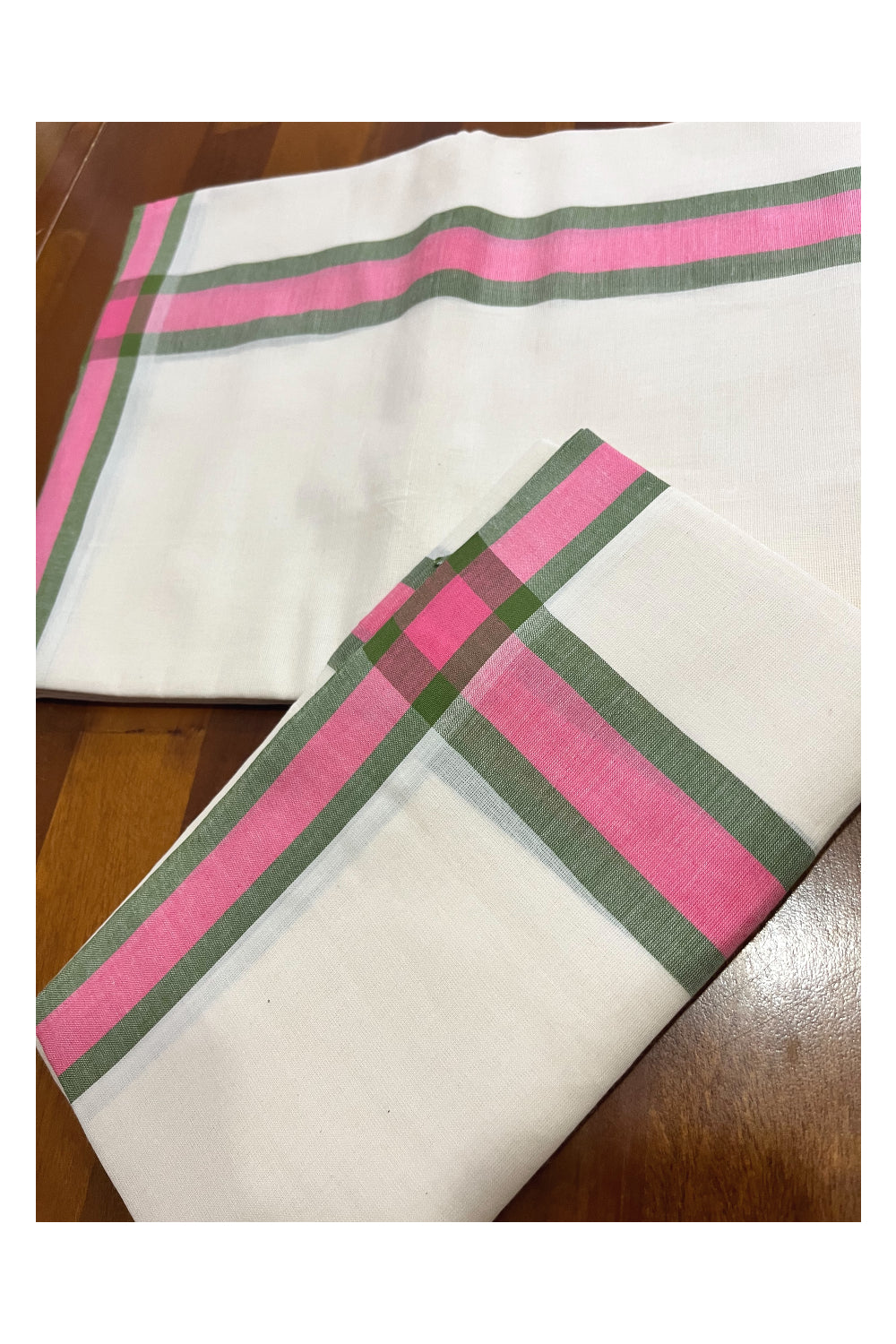 Kerala Mulloth Cotton Single Mundum Neriyathum with Pink Green Border (Extra Soft Cotton)