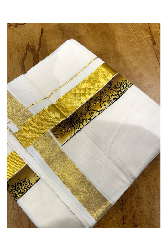 Kerala Pure Cotton Double Mundu with Mural Painted Design on Kasavu Border (South Indian Kerala Dhoti)