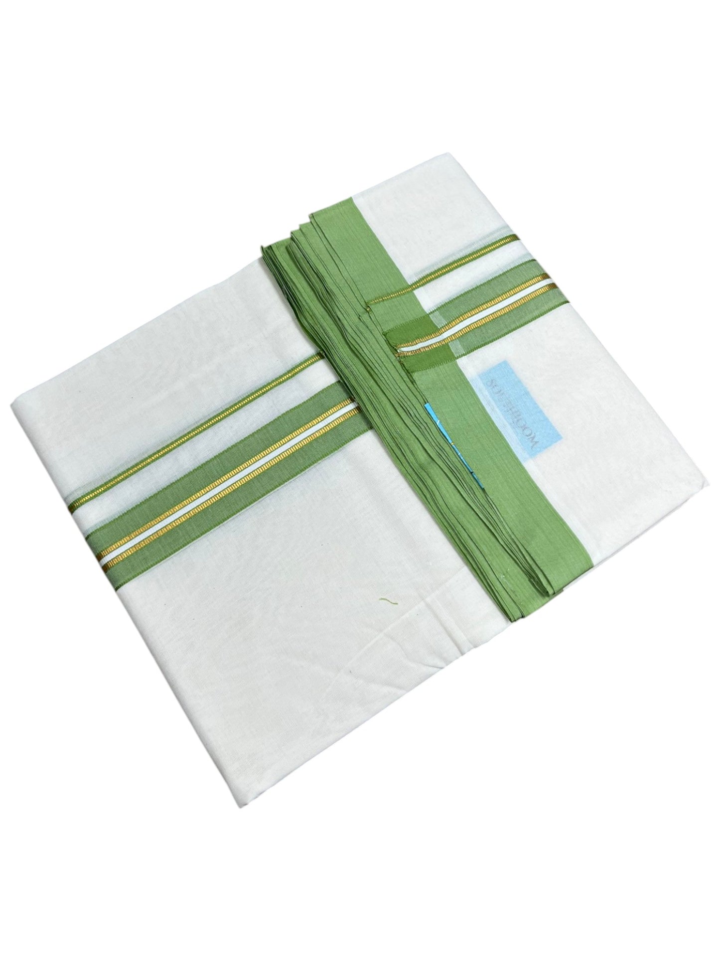 Southloom Pure Cotton Mundu with Golden Lines and Green Border (South Indian Kerala Dhoti)