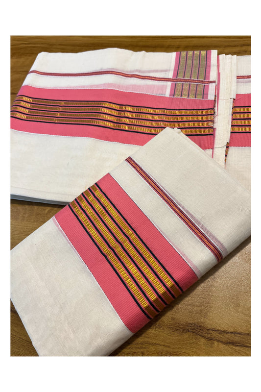 Kerala Cotton Set Mundu (Mundum Neriyathum) with Kasavu and Pink Border 2.80 Mtrs