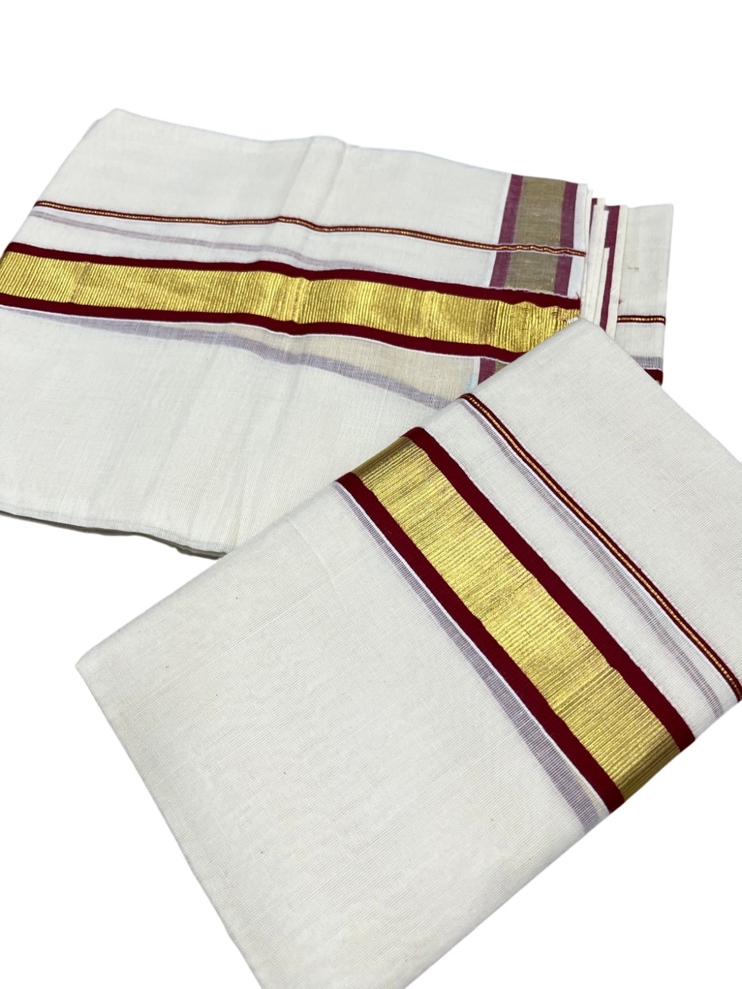 Kerala Cotton Set Mundu (Mundum Neriyathum) with Kasavu and Maroon Border 2.80 Mtrs SL244