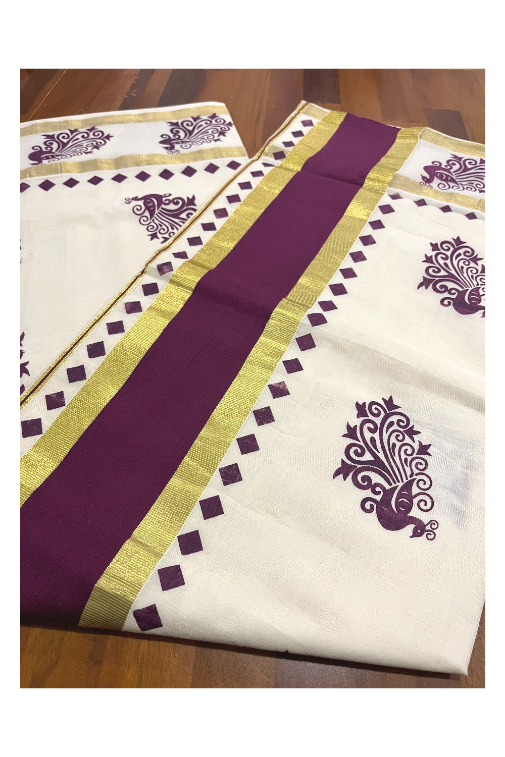 Pure Cotton Kerala Saree with Purple Peacock Block Printed Kasavu Border