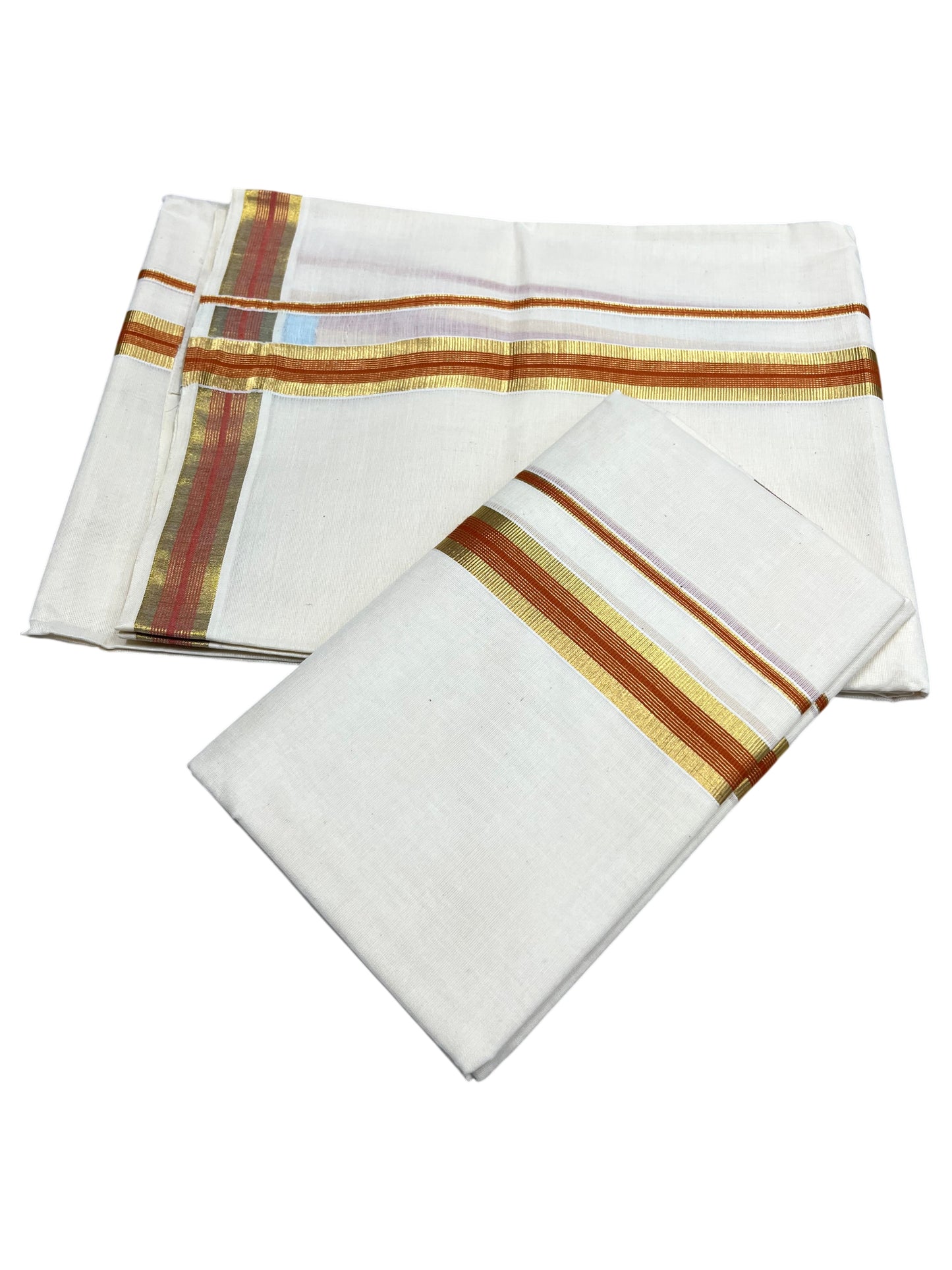 Southloom Pure Cotton Kerala Single Set Mundu (Mundum Neriyathum) with Orange and Kasavu Border 2.80 Mtrs SLKK