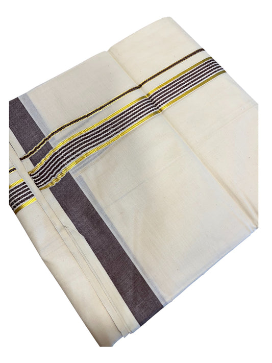 Southloom Pure Cotton  Double Mundu With  Gold Kasavu & Brown Lines Border (South Indian Kerala Dhoti)