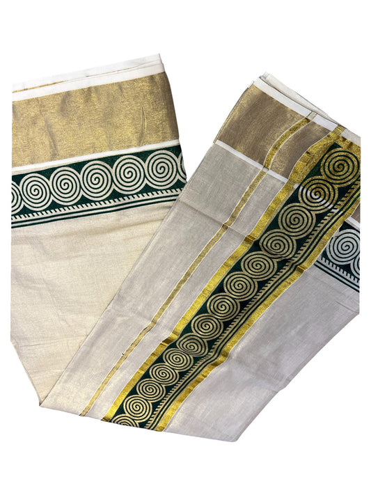 Southloom Kerala Tissue Kasavu Plain Saree Green Hand Printed