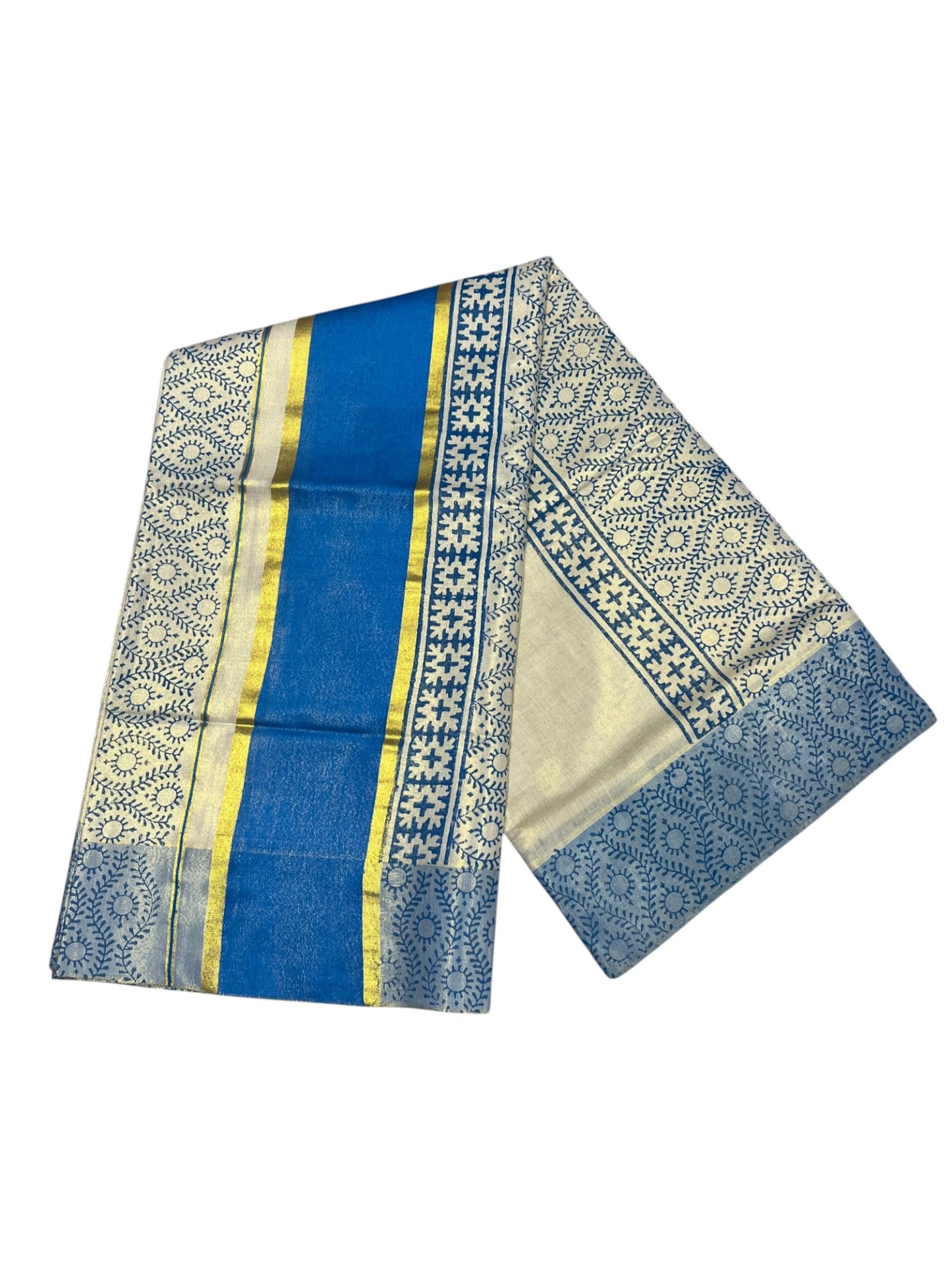 Southloom Tissue Kerala Kasavu Saree with Block Print on Body and Borders in Blue