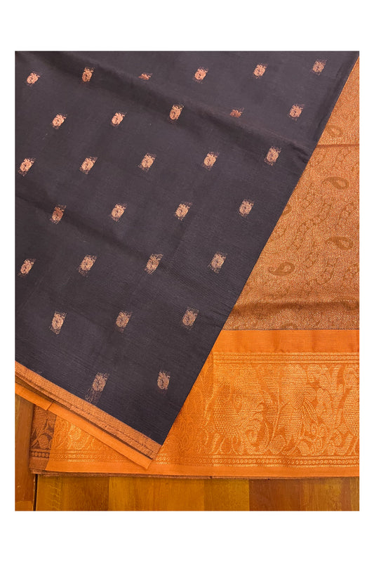 Southloom Cotton Black Saree with Woven Butta Works on Body and Copper Heavy Work on Pallu