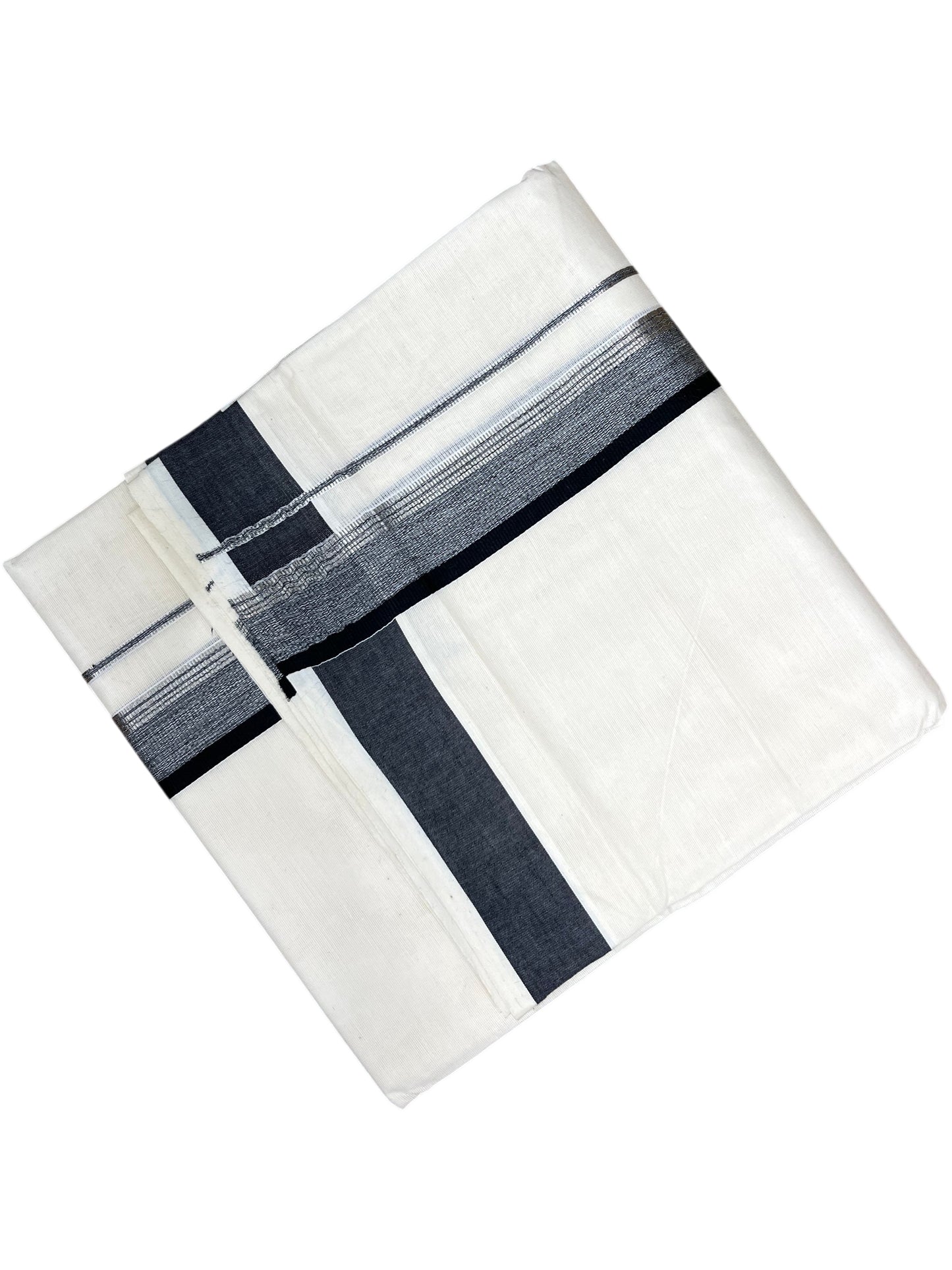 Southloom Pure Cotton Mundu with Silver Lines and Black Border (South Indian Kerala Dhoti)