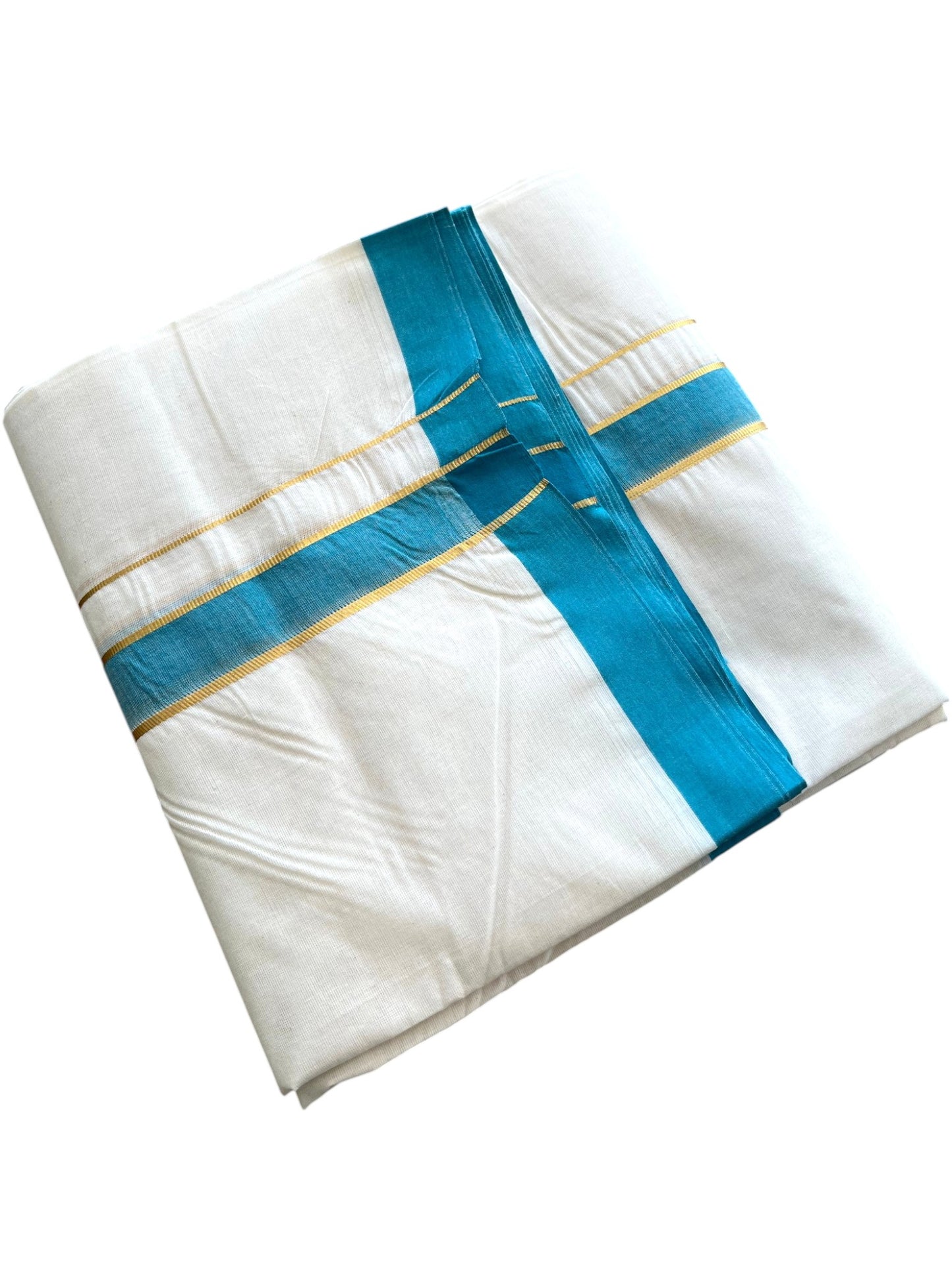 Southloom Pure Cotton Mundu with Golden Lines and Blue Border (South Indian Kerala Dhoti)