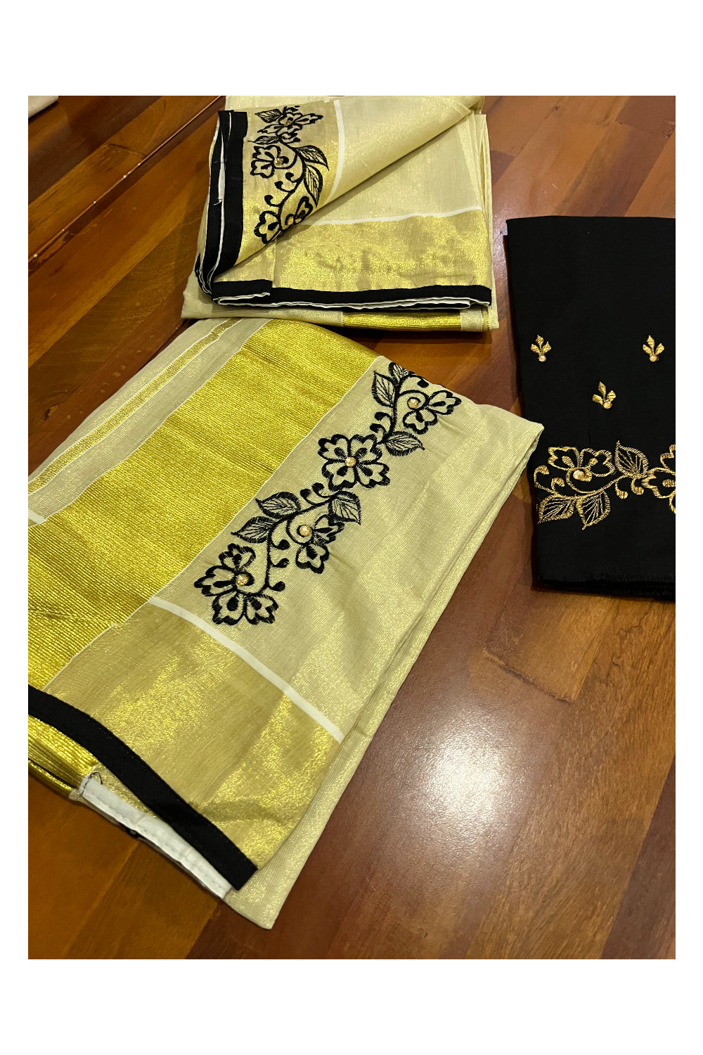 Kerala Tissue Kasavu Set Mundu (Mundum Neriyathum) with Handwork Embroidery Design and Black Blouse Piece