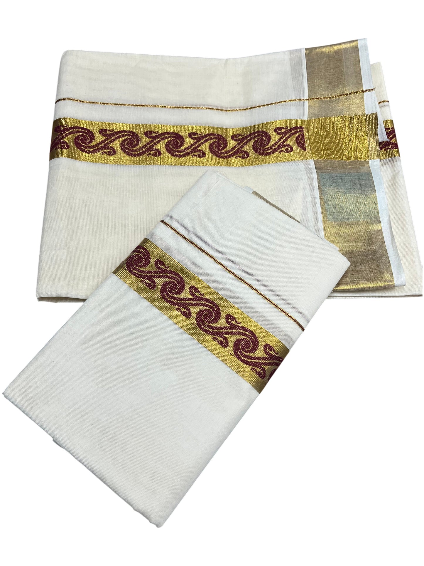 Southloom Kerala Pure Cotton Set mundu  (Mundum Neriyathum) with Maroon Block Prints on Kasavu Border-2.80Mtrs