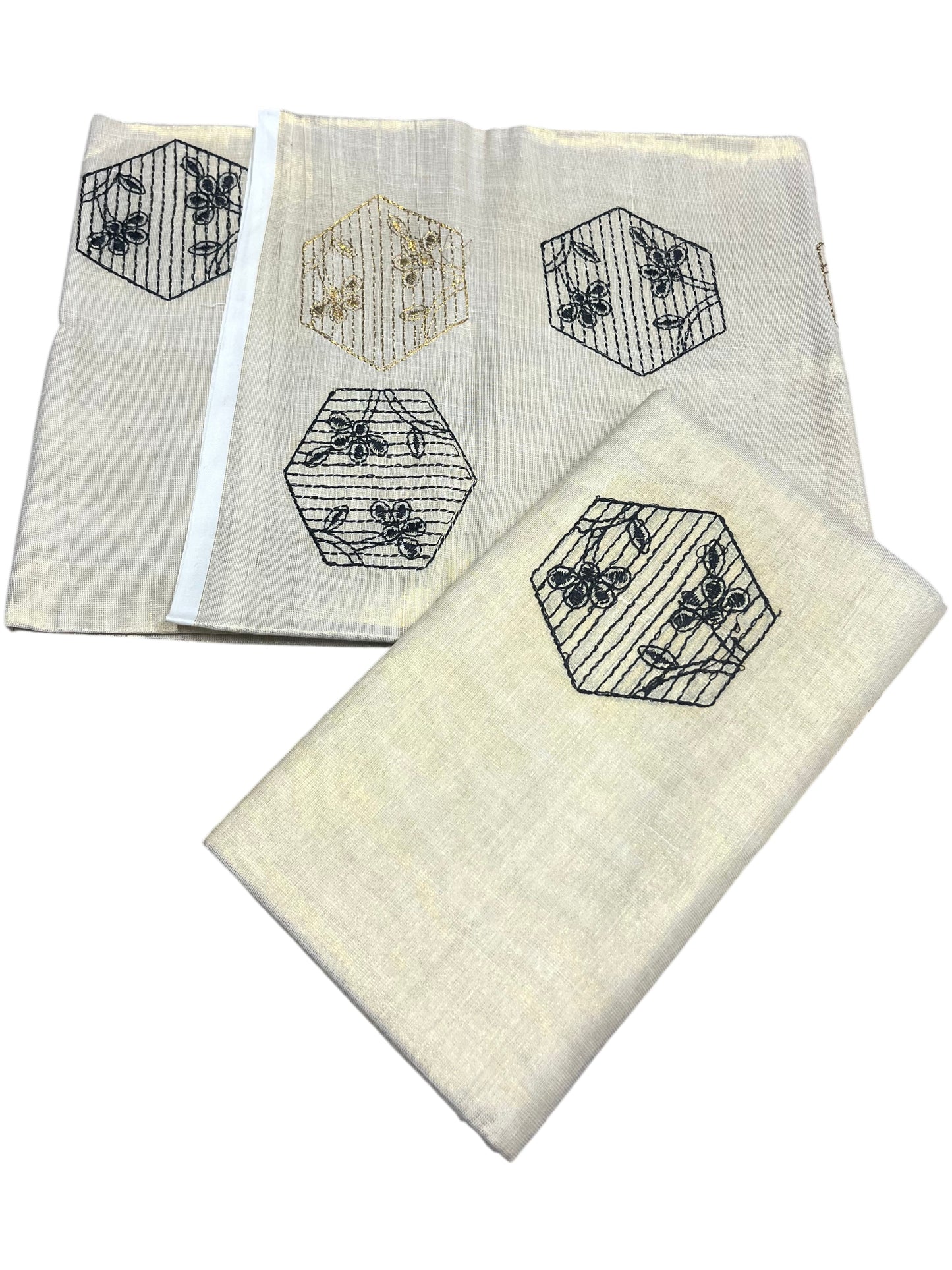 Southloom Kerala Tissue Kasavu Single Set Mundu (Mundum Neriyathum) Black and Golden Embroidery Work