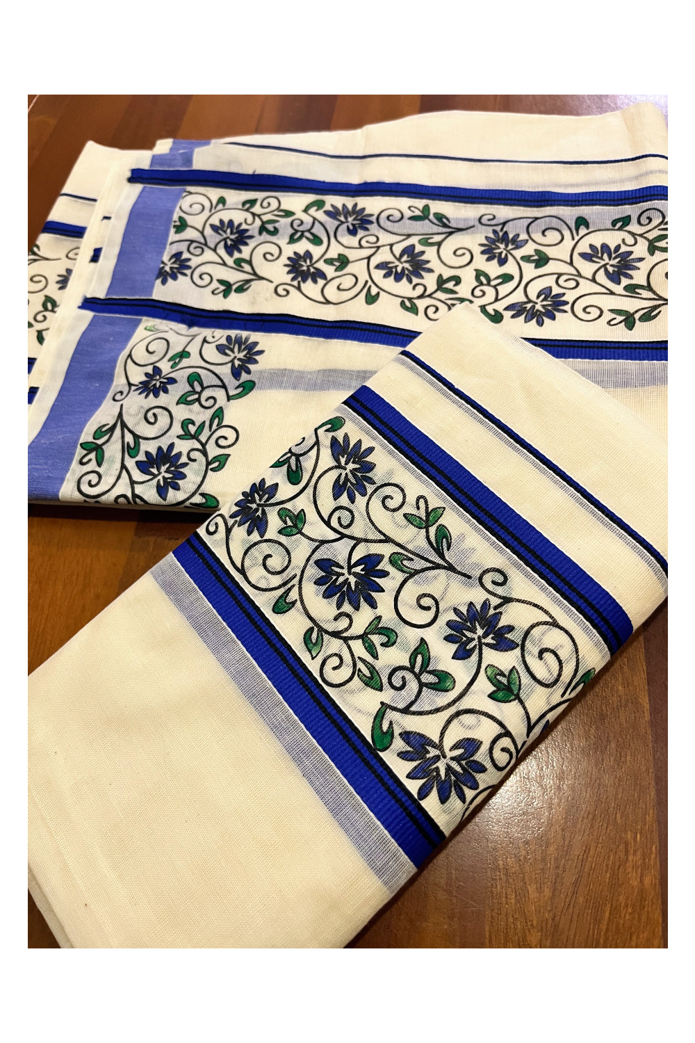 Kerala Cotton Set Mundu Single (Mundum Neriyathum) with Blue Floral Block Printed Border