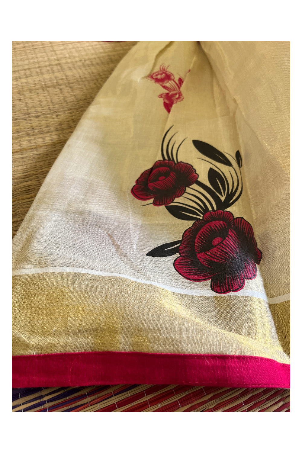 Semi Stitched Dhavani Set with Tissue Block Print Design Pavada and Magenta Bead Work Blouse Piece