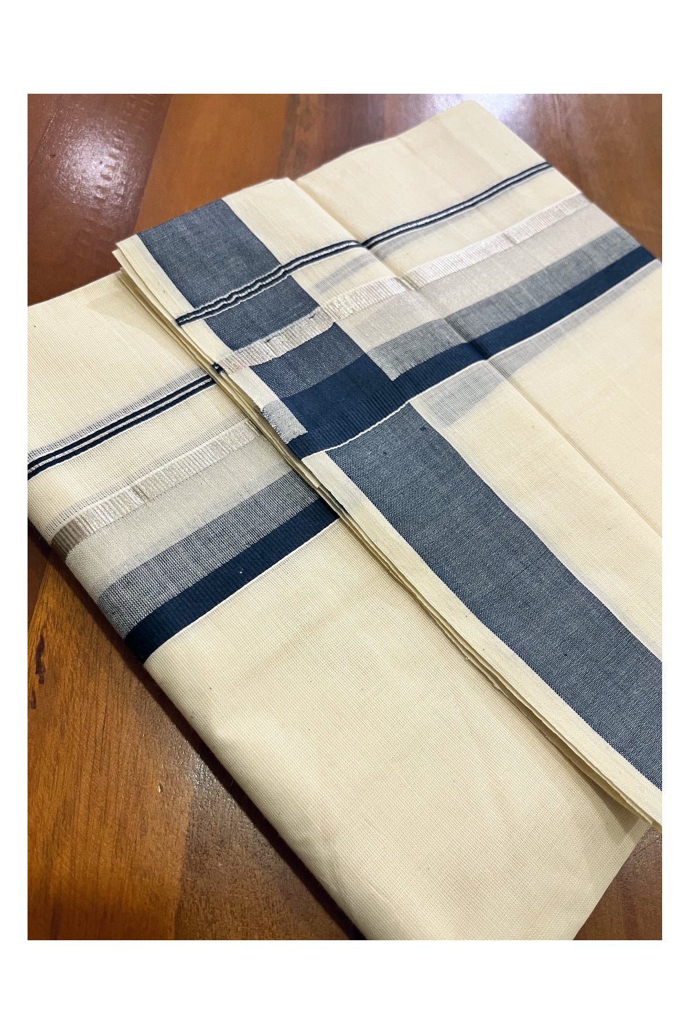 Pure Cotton Off White Kerala Double Mundu with Teal Blue and Kasavu Border (South Indian Dhoti)