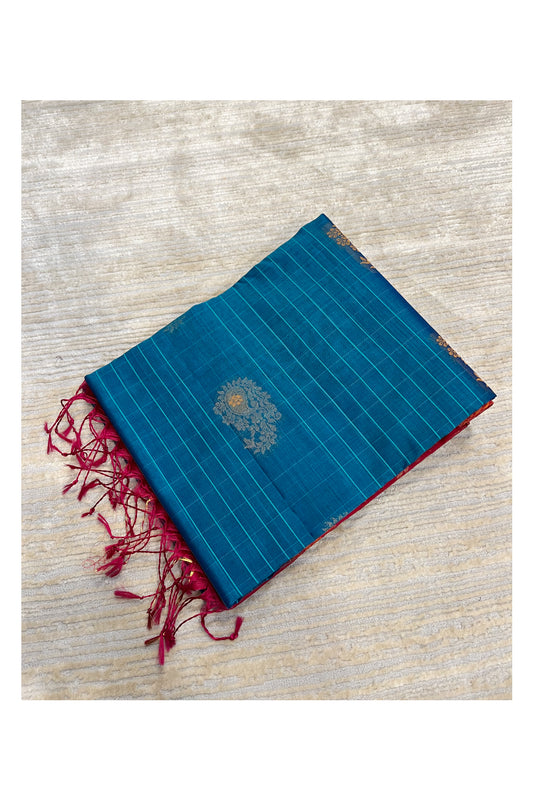 Southloom Pure Handloom Cotton Silk Saree With Handwoven Work Across Body and Blouse in Magenta And Blue