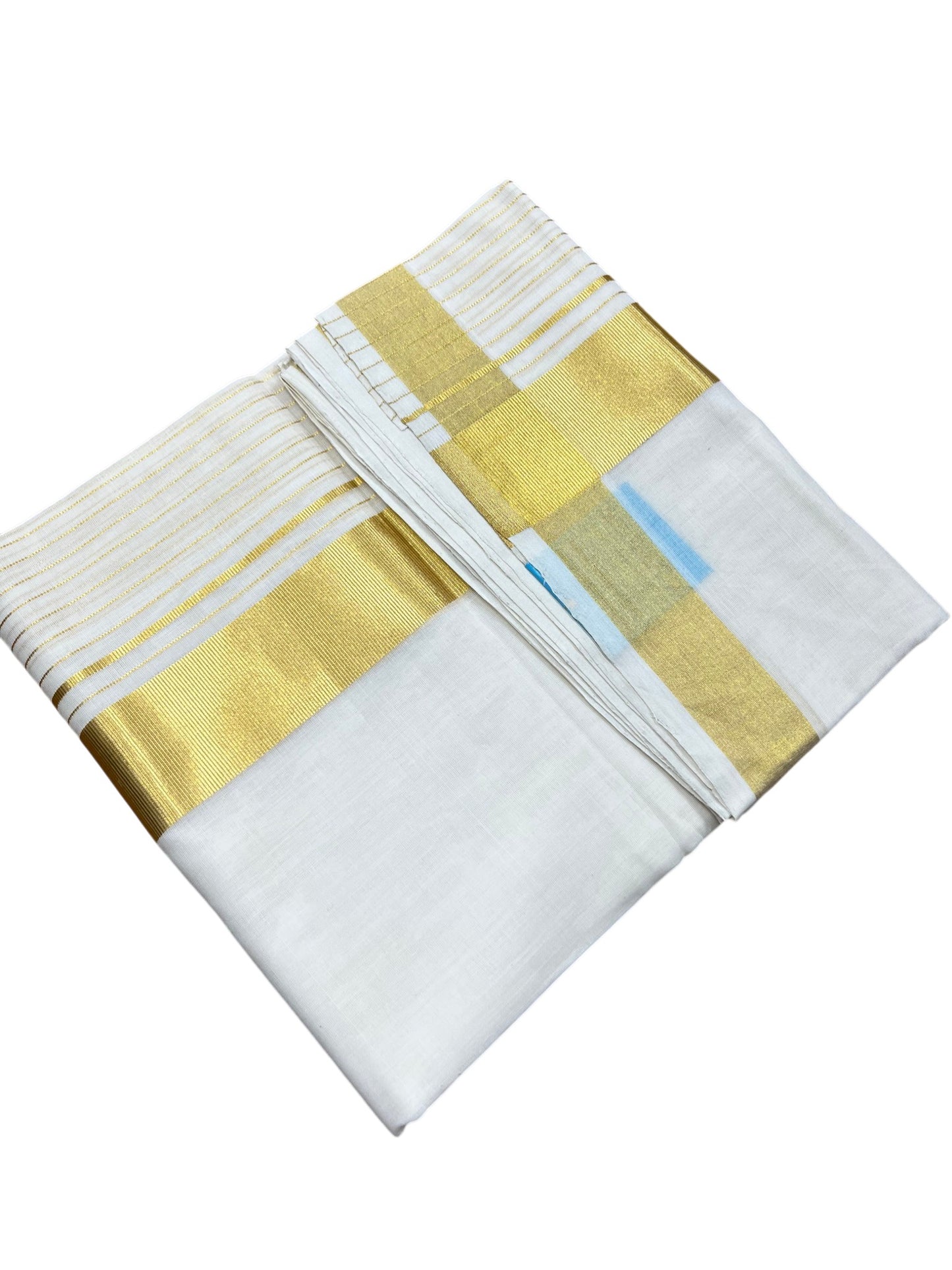 Southloom Premium Handloom Cotton Double Mundu with Gold Kasavu And Gold Lines Border