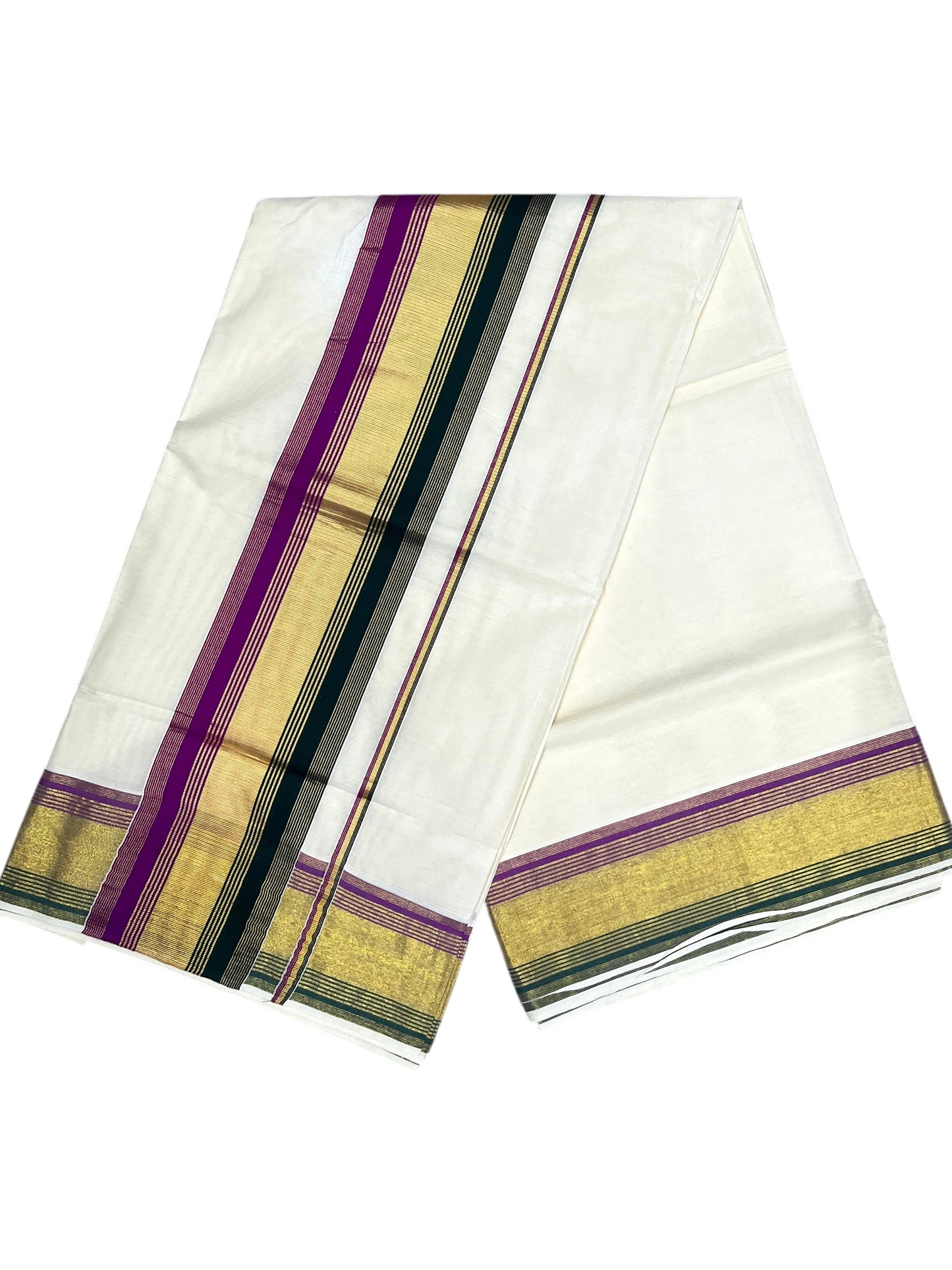 Southloom Kerala Cotton Kasavu Saree with Green And Magenta Border