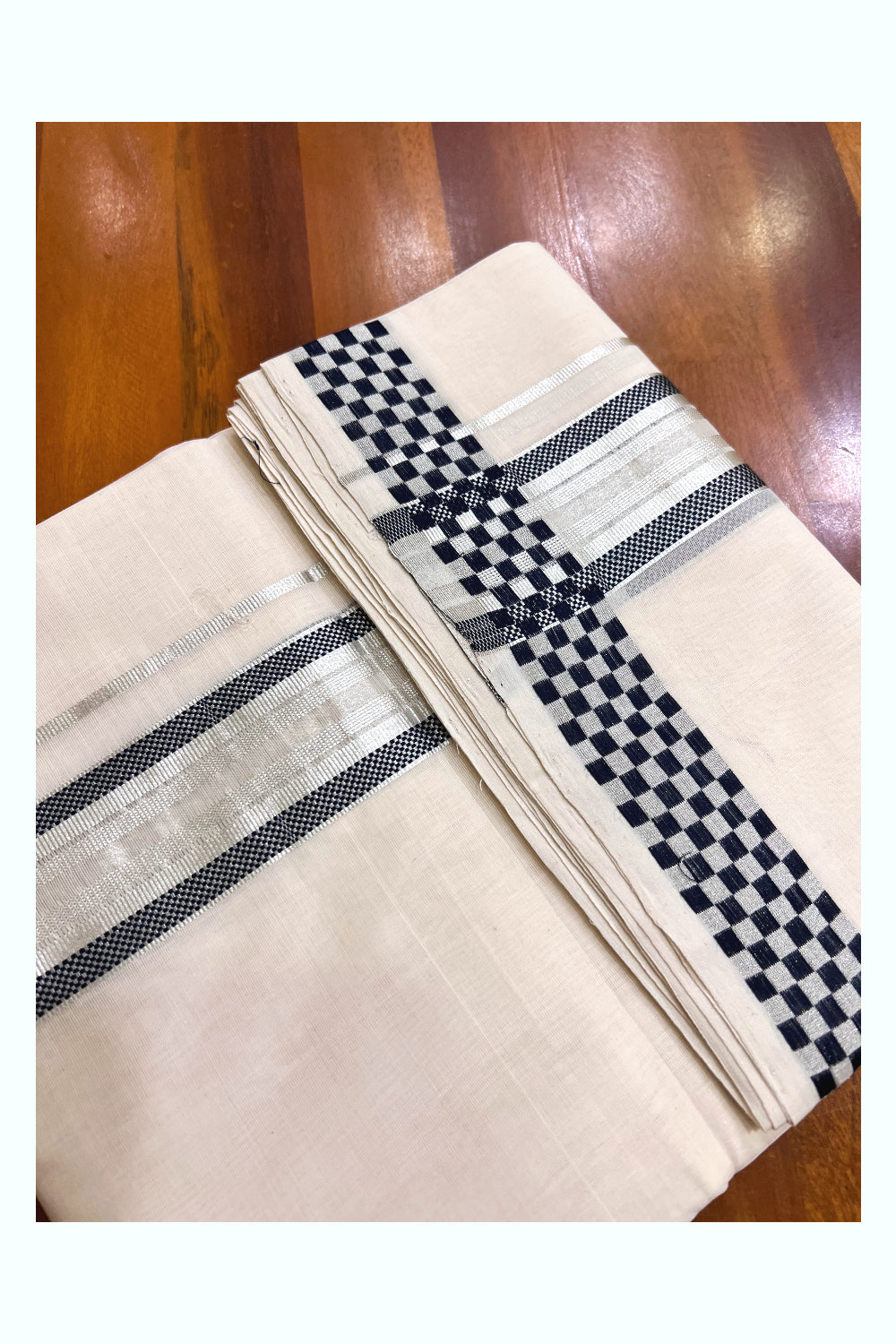 Southloom Super Premium Balaramapuram Unakkupaavu Handloom Silver Kasavu and Black Mundu with Woven Border (South Indian Kerala Dhoti)