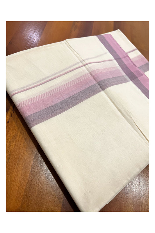 Kerala Pure Cotton Double Mundu with Violet Border (South Indian Kerala Dhoti)