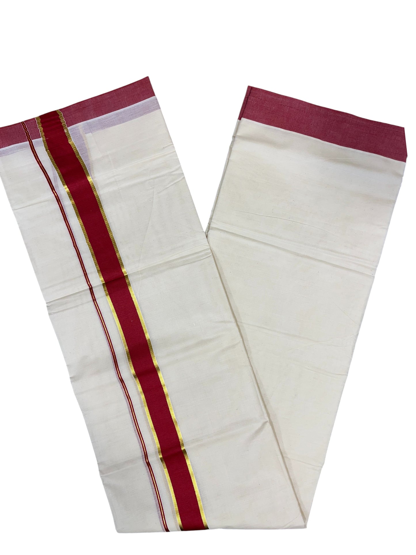 Southloom Pure Cotton Mundu with Gold Kasavu and Red Colour Border (South Indian Kerala Dhoti)