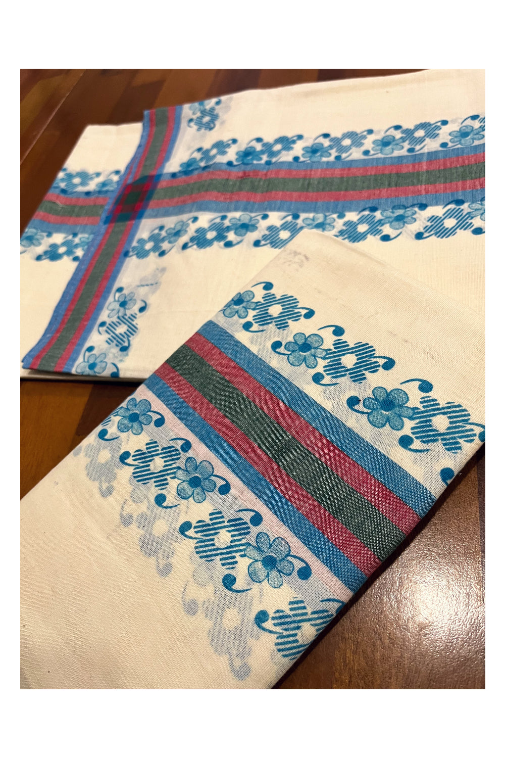 Kerala Pure Cotton Single Set Mundu (Mundum Neriyathum) with Blue Block Prints on Green Red Border