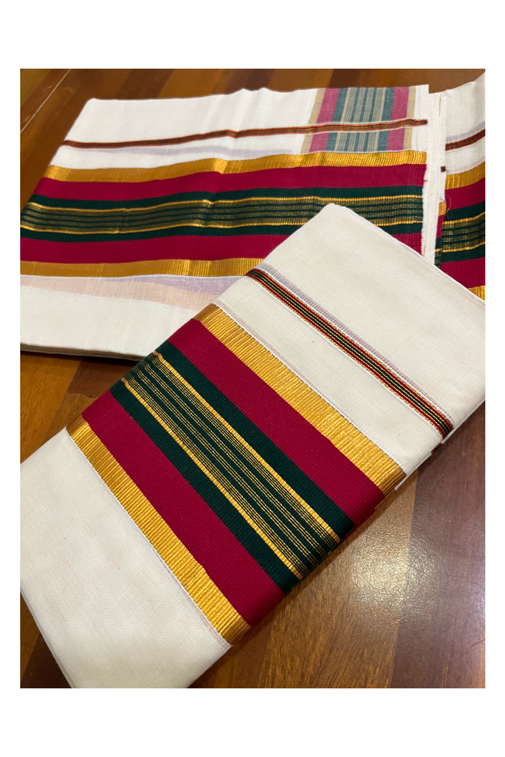 Kerala Cotton Kasavu Set Mundu (Mundum Neriyathum) with Dark Green and Maroon Border 2.80 Mtrs