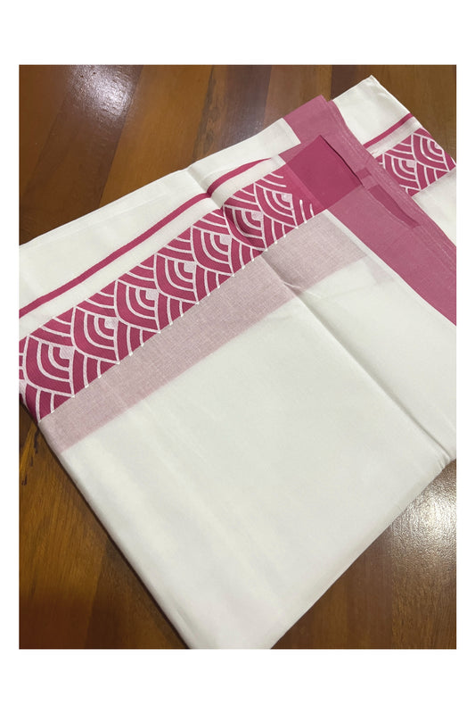 Pure White Cotton Double Mundu with Brick Red Block Printed Border (South Indian Kerala Dhoti)