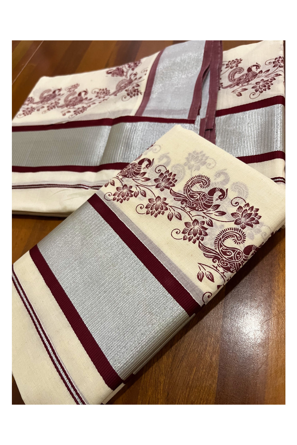 Pure Cotton Kerala Single Set Mundu (Mundum Neriyathum) with Maroon Block Printed Silver Kasavu Border