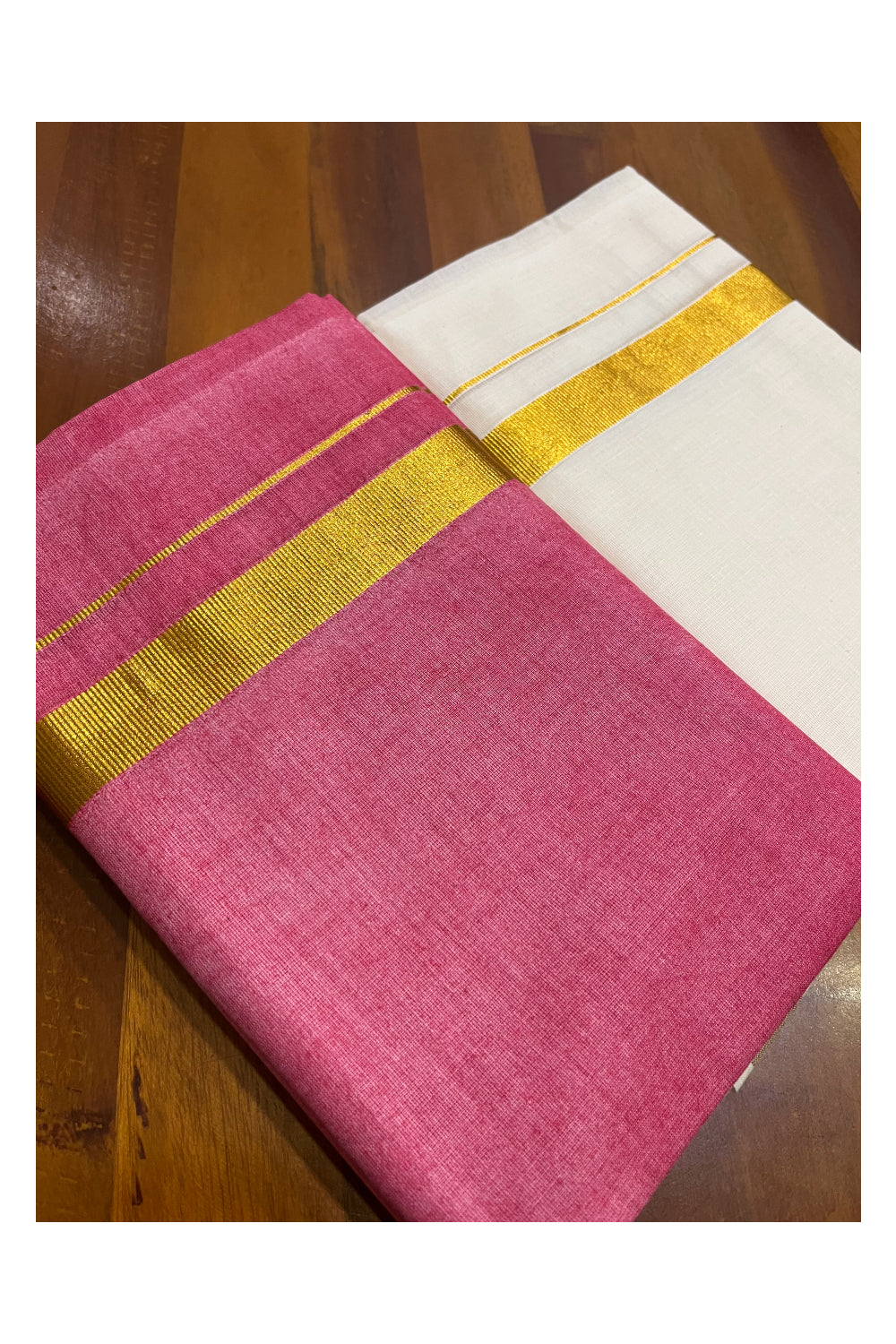 Southloom Tie & Dye - Half & Half  Multi Colour Dark Pink Design Cotton Kerala Double Mundu with Kasavu Border (South Indian Kerala Dhoti)