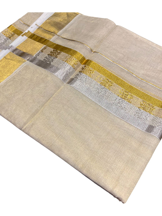 Southloom Premium Handloom Tissue Double Mundu with Gold And Silver Kasavu Border