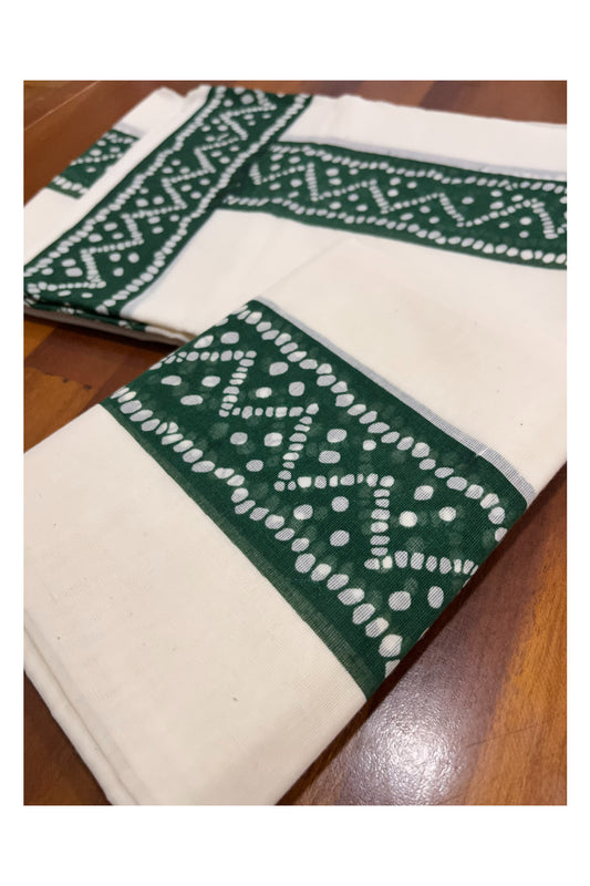 Kerala Cotton Set Mundu (Mundum Neriyathum) with Green Block Prints and Seperate Blouse Piece (Onam Set Mundu 2023)
