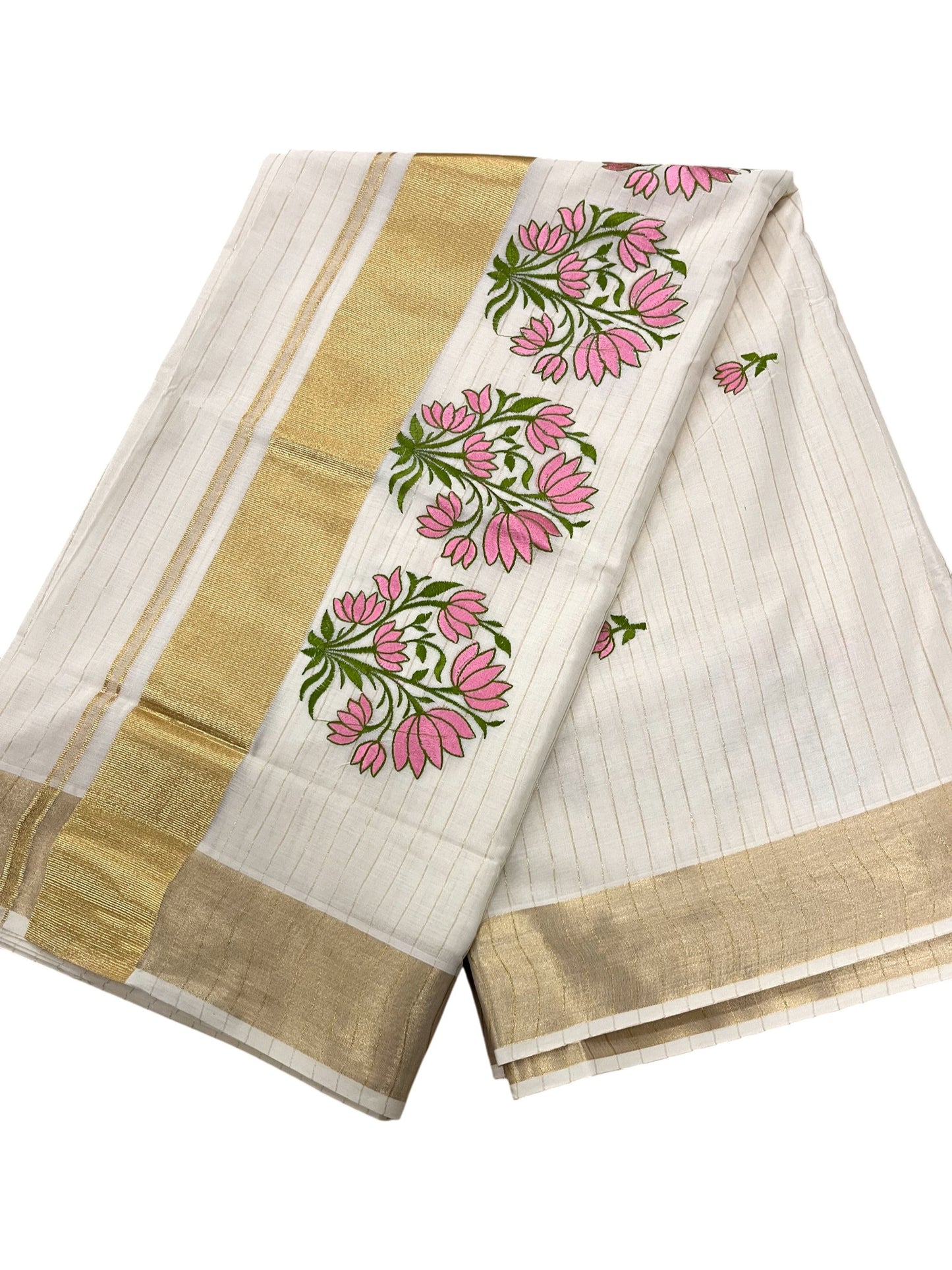 Southloom Kerala Cotton Kasavu Saree Pink Floral Embroidery  Design