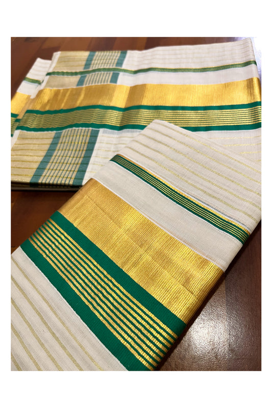 Kerala Cotton Set Mundu Single (Mundum Neriyathum) with Kasavu Lines on Body and Green Border 2.80 Mtrs
